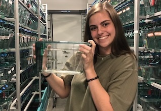 Student holding zebrafish tank