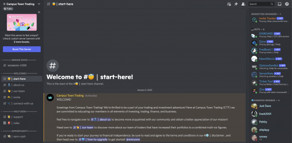 screenshot of the Campus Town Trading website on Discord