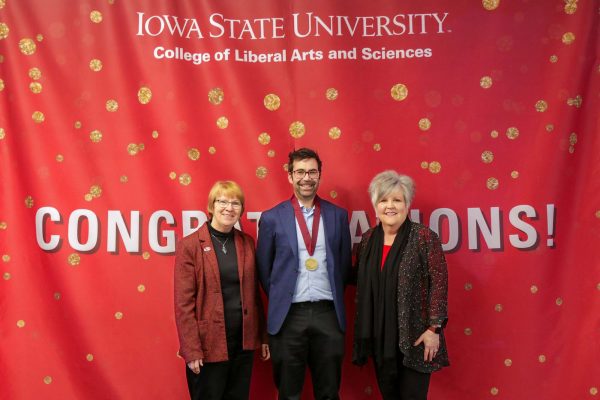 Dean Beate Schmittmann, Aaron Sadow, and Dawn Bratsch-Prince, associate provost for faculty and professor of Spanish.