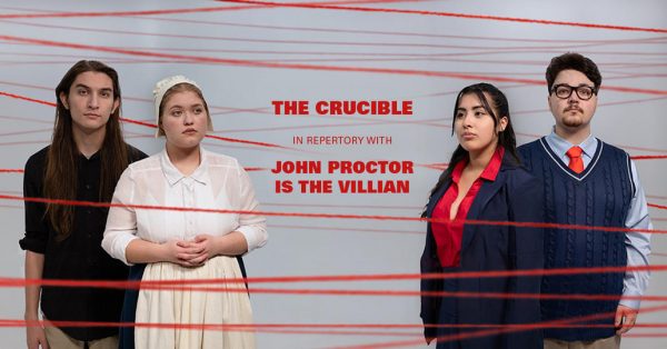 Actors in costumes with a graphic of red threads surrounding them