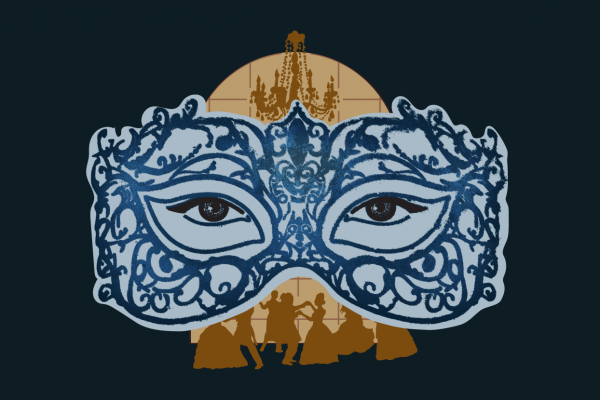 Eyes look out from behind an ornate blue mask. In the background, golden silhouetted figures dance under a golden chandelier.